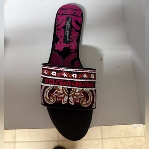 Black and Pink Embroidered Slide Sandals